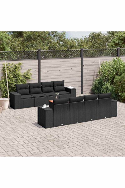vidaxl Set mobilier de gradina cu perne, 9 piese, negru, poliratan