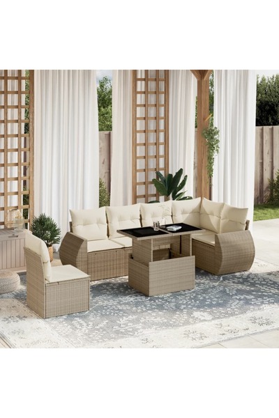 vidaxl Set canapele de gradina, 7 piese, cu perne, bej, poliratan