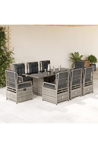 vidaxl Set mobilier gradina cu perne, 9 piese, gri, poliratan