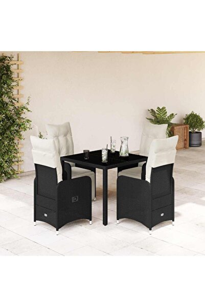 vidaxl Set bistro de gradina cu perne, 5 piese, negru, poliratan