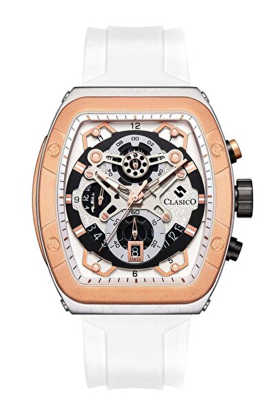 Clasico Opulent 6-Hands Chronograph Watch – Tonneau Skeleton Brushed Gold & W...