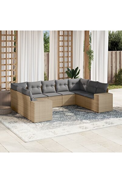 vidaxl Set canapele de gradina, 9 piese, cu perne, bej, poliratan