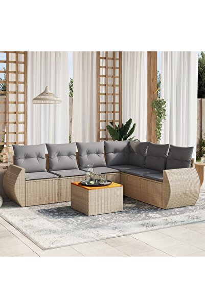 vidaxl Set canapele de gradina, 7 piese, cu perne, bej, poliratan