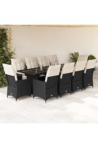 vidaxl Set bistro de gradina, 11 piese, cu perne, negru, poliratan