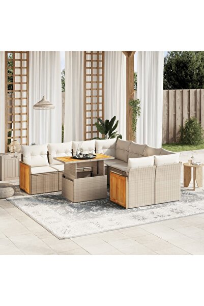 vidaxl Set canapele de gradina, 9 piese, cu perne, bej, poliratan