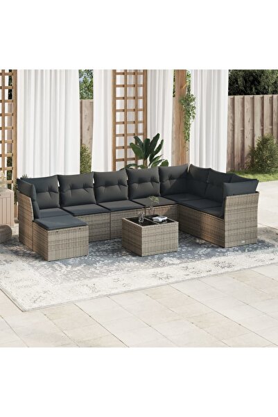 vidaxl Set canapele de gradina, 9 piese, cu perne, gri, poliratan