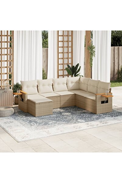 vidaxl Set canapele de gradina, 7 piese, cu perne, bej, poliratan