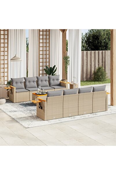 vidaxl Set canapele de gradina, 9 piese, cu perne, bej, poliratan