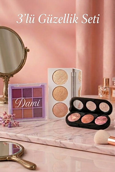 DAMİ Dami 3'lü Profesyonel Makyaj Seti - 9'lu Far Paleti, 3'lü Highlighter ve...