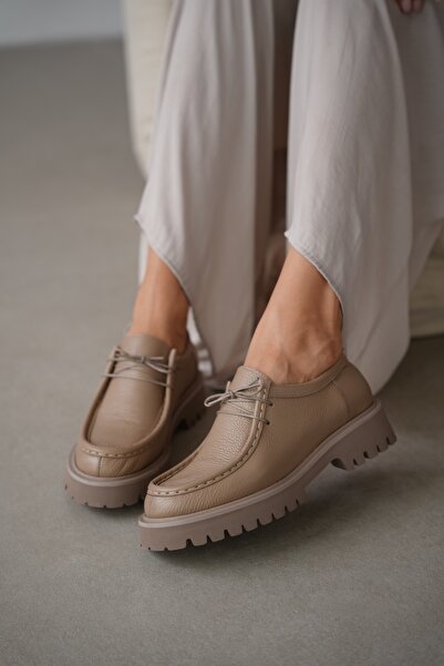 selin shoes Orsel Hakiki Deri Bağcıklı Kadın Loafer- VİZON