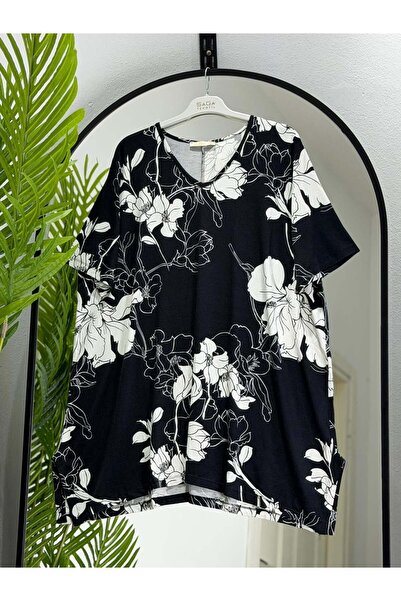 ÖZNE BUTİK Women's 100% cotton v-neck short sleeve patterned jersey tunic