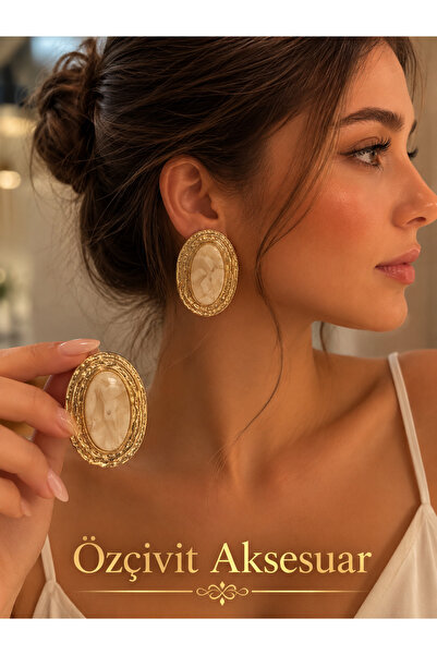 Özçivit Aksesuar Vintage Oval Krem Gold Renk Küpe