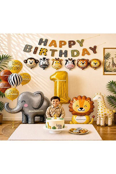 PARTİ AŞKI 1 Yaş Safari Temalı Konsept 7'li Doğum Günü Parti Balonu & Sevimli...