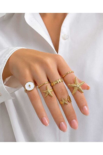 beyna aksesuar Gold Kaplamalı Yüzük Set 7 Parça Set