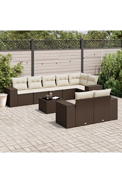 vidaxl Garden sofa set with cushions, 9 pieces, brown, polyrattan