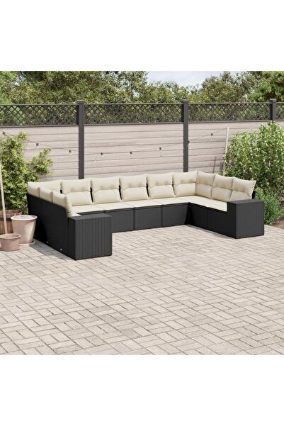 vidaxl Garden sofa set with cushions, 10 pieces, black, polyrattan