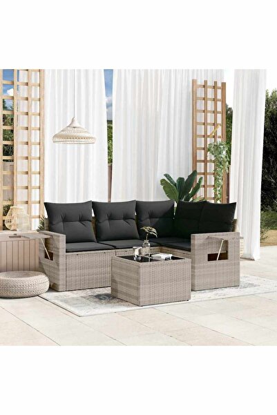 vidaxl Garden sofa set with cushions, 5 pieces, light grey, polyrattan