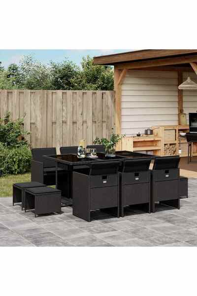 vidaxl Set mobilier de exterior cu perne, 11 piese, negru, poliratan