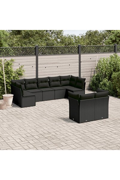 vidaxl Garden furniture set with cushions, 9 pieces, black, polyrattan