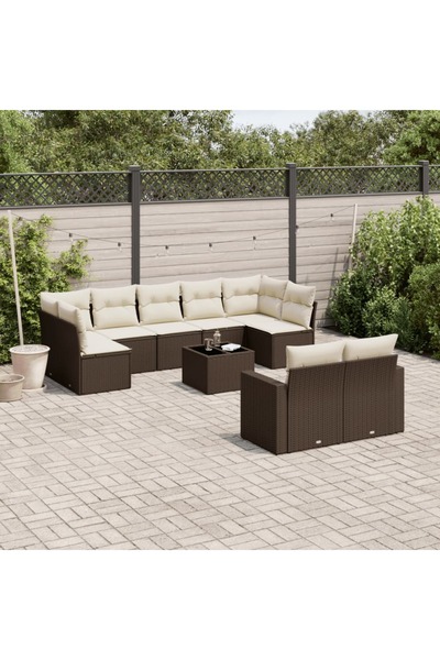 vidaxl Garden sofa set with cushions, 10 pieces, brown, polyrattan