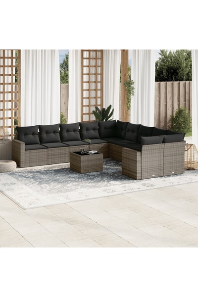 vidaxl Garden sofa set with cushions, 11 pieces, grey, polyrattan