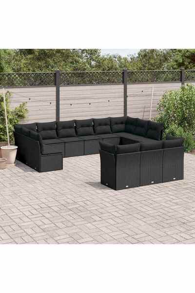 vidaxl Garden furniture set with cushions, 13 pieces, black, polyrattan