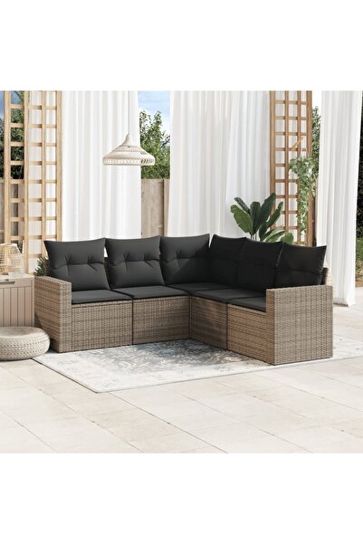 vidaxl Set canapea de gradina cu perne, 5 piese, gri, poliratan