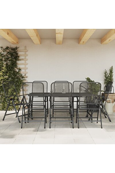 vidaxl Set de masa pentru gradina, 9 piese, plasa metalica antracit