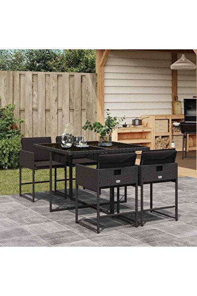 vidaxl Garden furniture set with cushions, 5 pieces, black, polyrattan