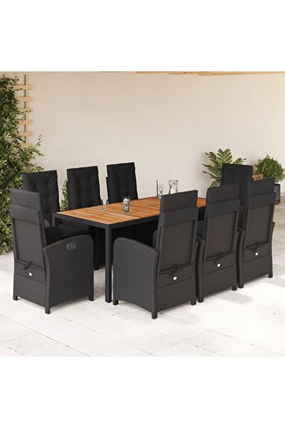 vidaxl Garden furniture set with cushions, 9 pieces, black, polyrattan