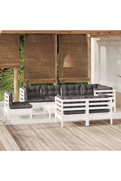 vidaxl Set mobilier gradina cu perne, 9 piese, alb, lemn masiv pin