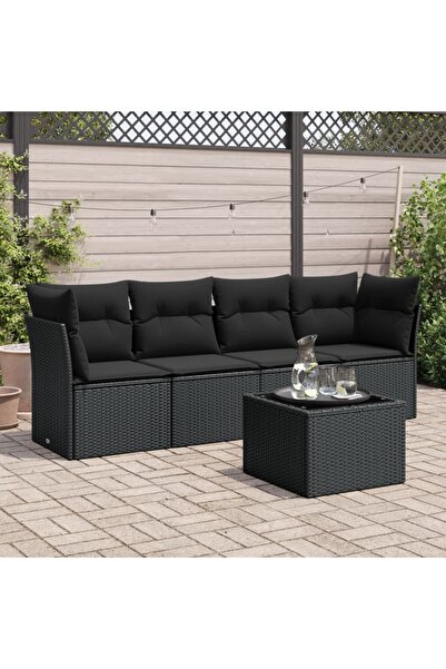 vidaxl Set mobilier de gradina cu perne, 5 piese, negru, poliratan