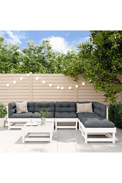 vidaxl Set mobilier de gradina, 7 piese, alb, lemn masiv de pin