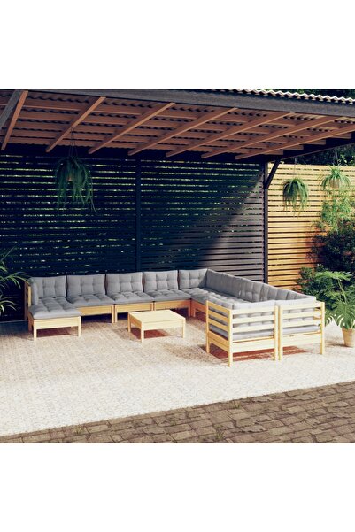 vidaxl Set mobilier gradina cu perne, 12 piese, gri, lemn masiv pin