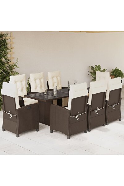 vidaxl Garden furniture set with cushions, 9 pieces, brown, polyrattan