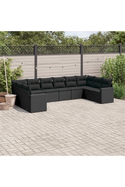 vidaxl Garden sofa set with cushions, 10 pieces, black, polyrattan