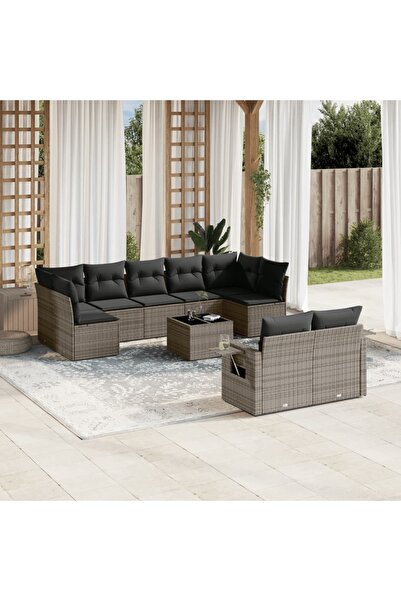 vidaxl Garden furniture set with cushions, 10 pieces, grey, polyrattan