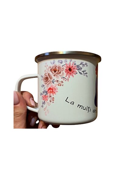 OEM Cană din oțel emailat alb, volum de 360 ml, design cu tematică de 8 Martie.