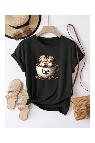 Massgai Unisex μπλουζάκι με στάμπα  "I Need Coffee Cat " σε μεγάλο μέγεθος, 1...