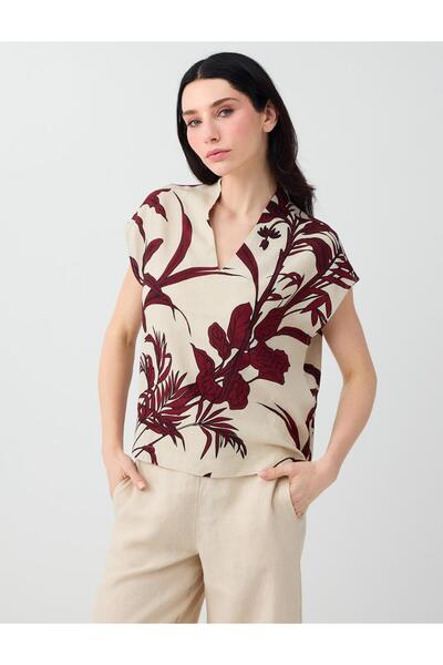 Jimmy Key Stone Linen Blend V-Neck Patterned Blouse