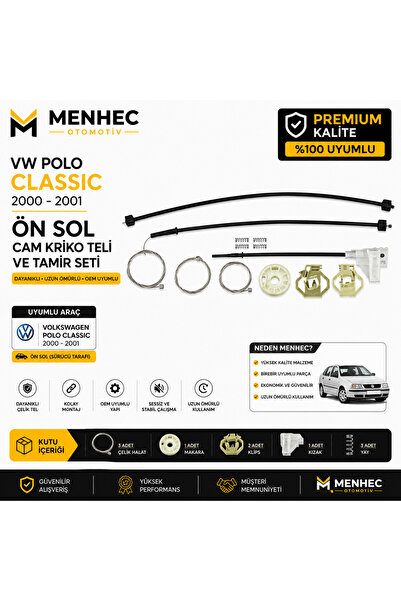Menhec Otomotiv VW Polo Classic 2000-2001 Ön Sol Cam Kriko Teli ve Tamir Seti