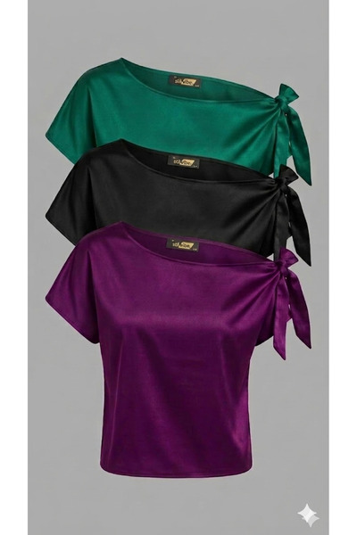 StilVibe Women's One-Shoulder Detailed 3-Piece Satin Blouse