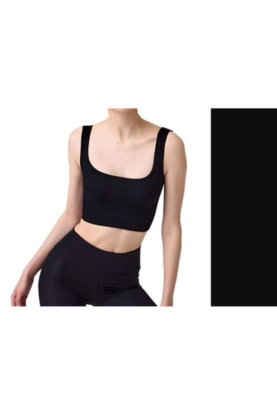 Liza Siyah Kare Yaka Fitilli Crop Atlet - Seamless Dikişsiz Büstiyer