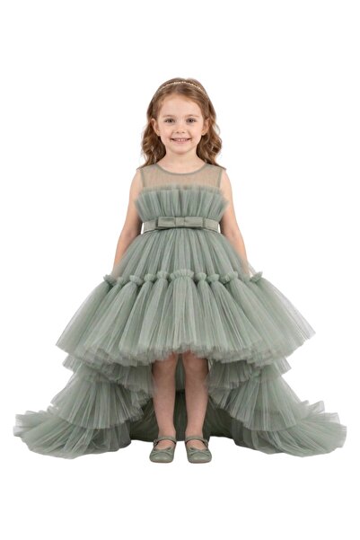 Bidani - Sleeveless Ruffled Mesh Party Dress with Bow Belt-Olive Green - 2Y t...