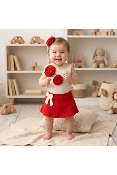 MİNİKİNCİBABY طقم بناتي من 3 قطع من روز لوف مع وردة ومشبك