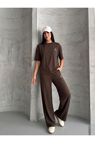 mylunessa P0L Brown Short Sleeve Modal Tracksuit Set
