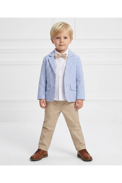 Mark & Mia Solid and Striped Full Sleeves Party Suit - White/Blue