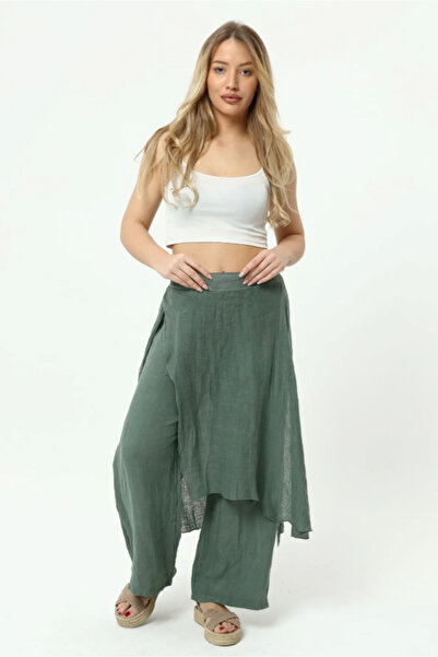 TUGBA COLLECTION KAPAK DETAYLI %100 PAMUKLU KETEN KATLI İTHAL PANTOLON
