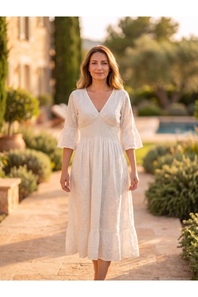 Punta Otantik YG3611 Rochie brodată din bumbac italian cu talie elastică, albă