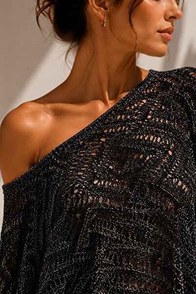 Ferraro Negru Melanj Guler tip Madonna Tricotaj transparent Pareo Poncho
